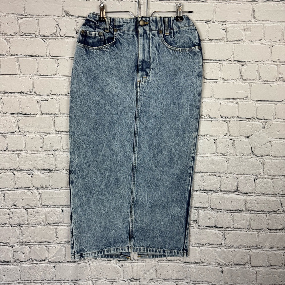 Whipp Vintage 80s 90s Acid Wash Blue Denim Midi Skirt Back Button Slit Size 9/10